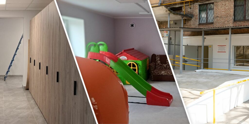 Réhabilitation d'infrastructures en Ukraine : couloir rénové d'un centre d'accueil, espace dédié aux enfants et entrée accessible d'un bâtiment communautaire, dans le cadre d'un programme de reconstruction soutenu par la Croix-Rouge luxembourgeoise.
